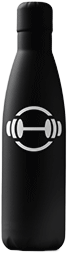 A black metal water bottle with a white ABC Fitness Studio logo on it